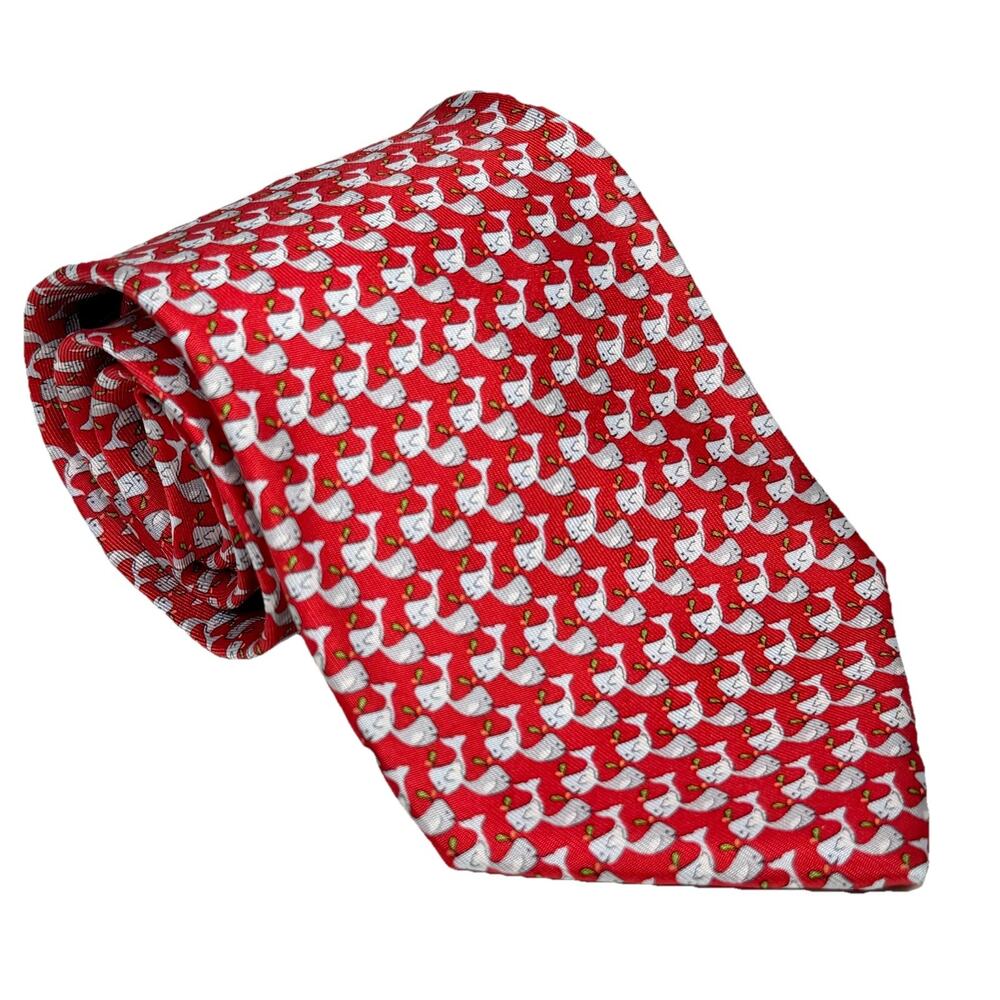 Salvatore Ferragamo Neck Tie 59" X 3-1/8" Gray Whales on Red Resort Beach EUC